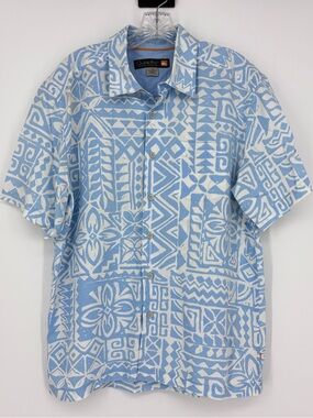 Quick Silver Size Medium Button Down Shirt Short Sleeve Blue White Hawaiian